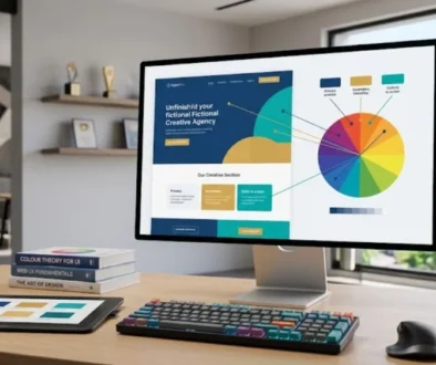 A modern design workspace featuring a desktop monitor displaying a website wireframe with an interactive colour theory wheel, desktop design tools, and a color palette tablet.
