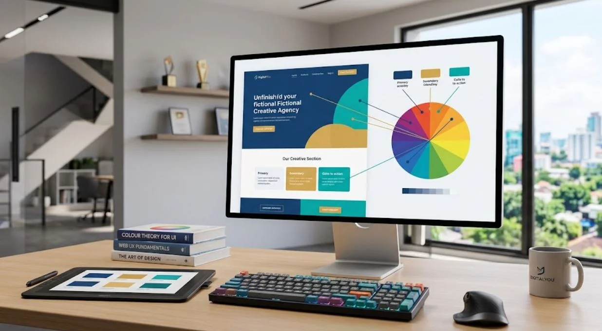 A modern design workspace featuring a desktop monitor displaying a website wireframe with an interactive colour theory wheel, desktop design tools, and a color palette tablet.