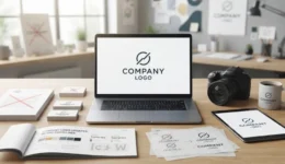Alt text: Professional designer desk setup with a laptop displaying a modern company logo update, brand guidelines book, and design sketches.
