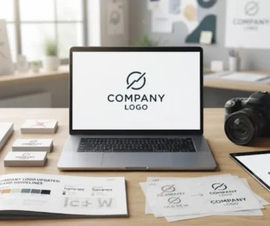 Alt text: Professional designer desk setup with a laptop displaying a modern company logo update, brand guidelines book, and design sketches.