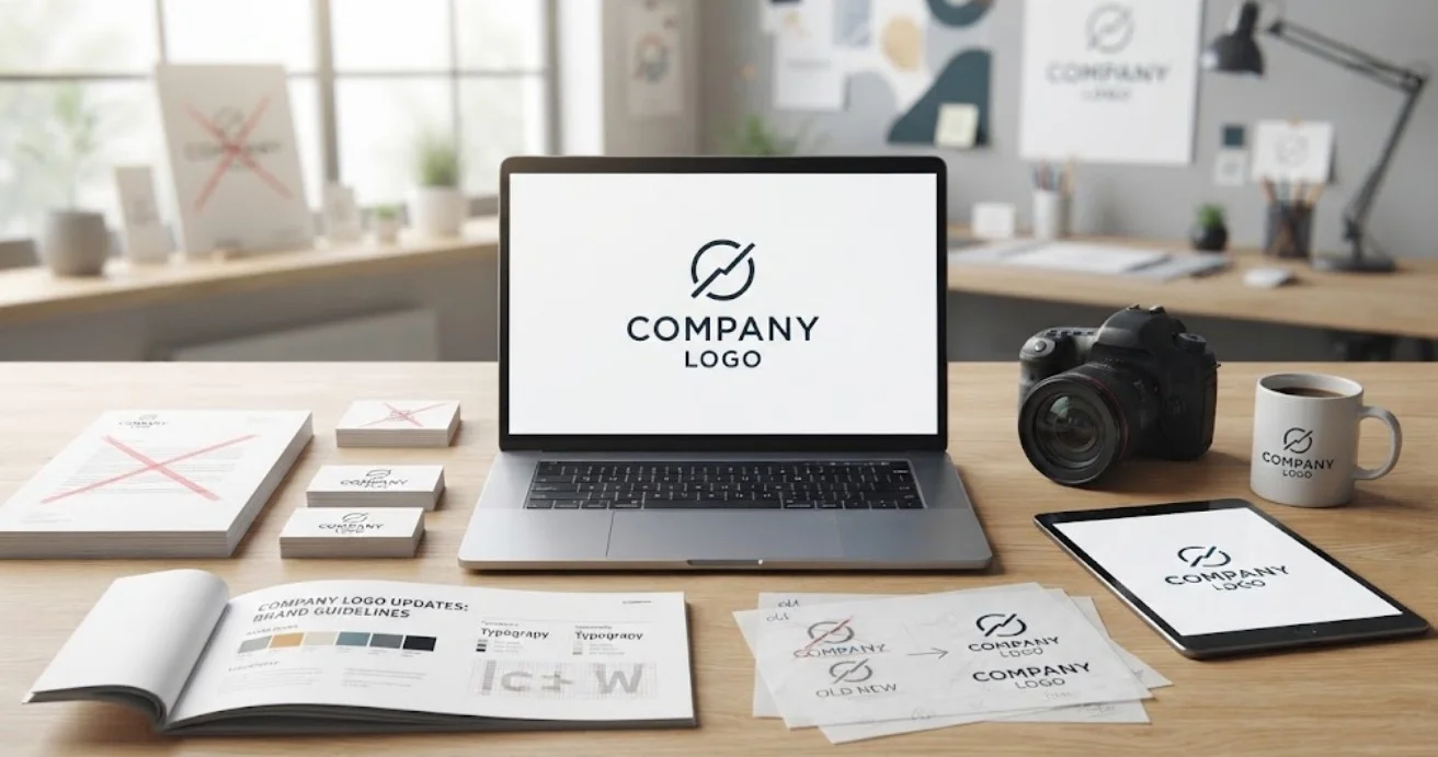 Alt text: Professional designer desk setup with a laptop displaying a modern company logo update, brand guidelines book, and design sketches.