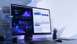 Modern desktop workspace showing a custom web design beside a website template with floating UI design elements and clean space for a blog title.