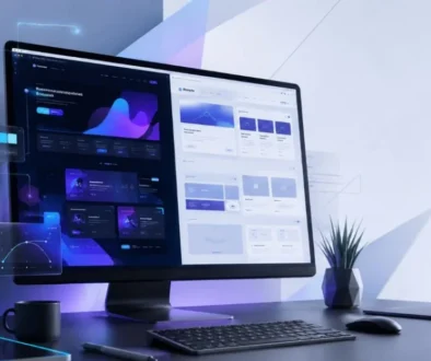 Modern desktop workspace showing a custom web design beside a website template with floating UI design elements and clean space for a blog title.