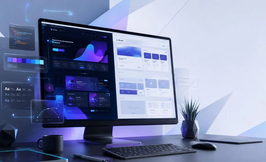 Modern desktop workspace showing a custom web design beside a website template with floating UI design elements and clean space for a blog title.