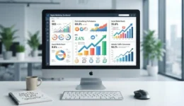 Modern digital marketing strategy dashboard and growth charts on a sleek desk.