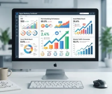 Modern digital marketing strategy dashboard and growth charts on a sleek desk.