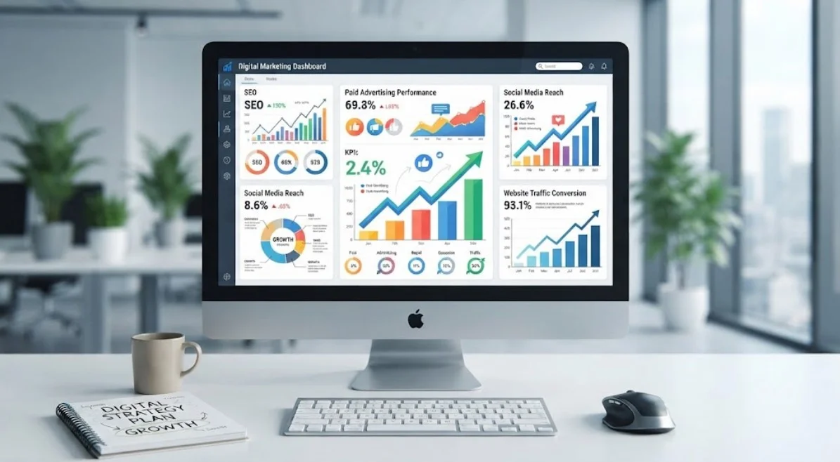 Modern digital marketing strategy dashboard and growth charts on a sleek desk.