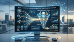 A 3D digital marketing dashboard displaying an email marketing lead generation funnel with graphs, metrics, and strategy icons on a curved desktop monitor.