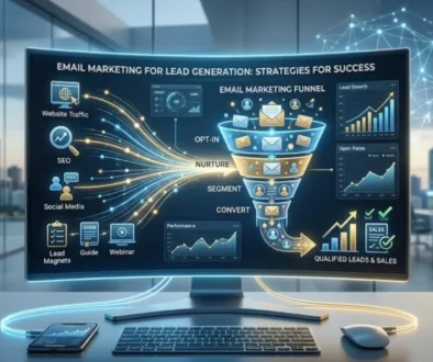 A 3D digital marketing dashboard displaying an email marketing lead generation funnel with graphs, metrics, and strategy icons on a curved desktop monitor.