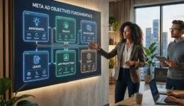 Digital marketing team reviewing a Meta ad objectives flowchart on a wall screen including Awareness, Traffic, Engagement, Leads, App Promotion, and Sales.