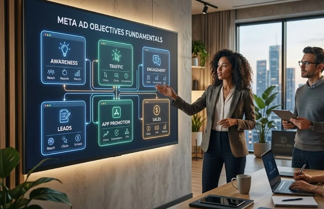 Digital marketing team reviewing a Meta ad objectives flowchart on a wall screen including Awareness, Traffic, Engagement, Leads, App Promotion, and Sales.