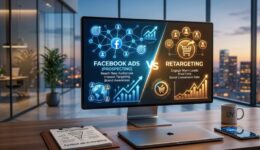Featured blog header illustration comparing Facebook Ads prospecting vs audience retargeting strategy on a digital marketing dashboard screen.