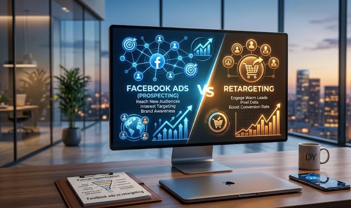 Featured blog header illustration comparing Facebook Ads prospecting vs audience retargeting strategy on a digital marketing dashboard screen.