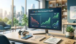 A modern office desk with a monitor displaying a Google Ads account audit dashboard showing reduced ad costs and increased ROI, representing common Google Ads mistakes to avoid.