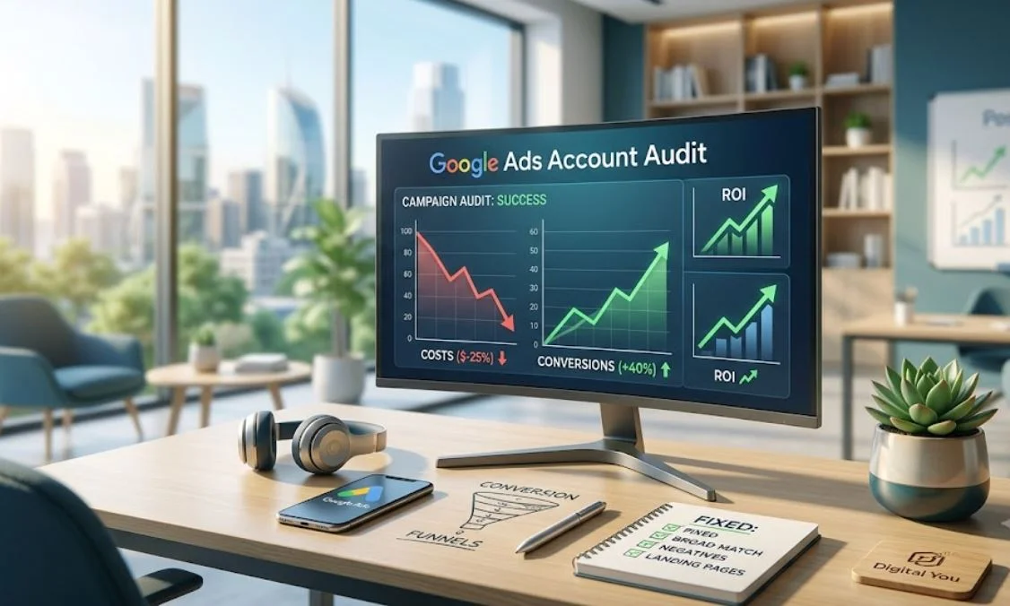 A modern office desk with a monitor displaying a Google Ads account audit dashboard showing reduced ad costs and increased ROI, representing common Google Ads mistakes to avoid.