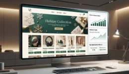 Holiday e-commerce web design workspace showing a festive storefront and performance analytics.