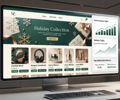 Holiday e-commerce web design workspace showing a festive storefront and performance analytics.