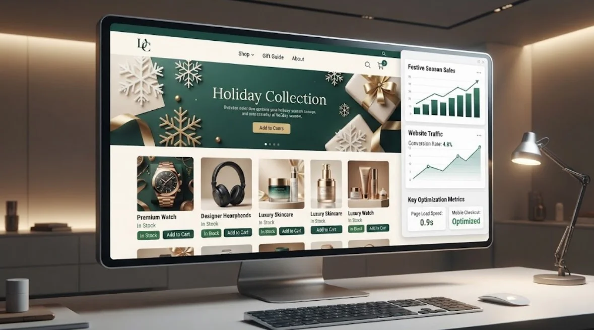 Holiday e-commerce web design workspace showing a festive storefront and performance analytics.
