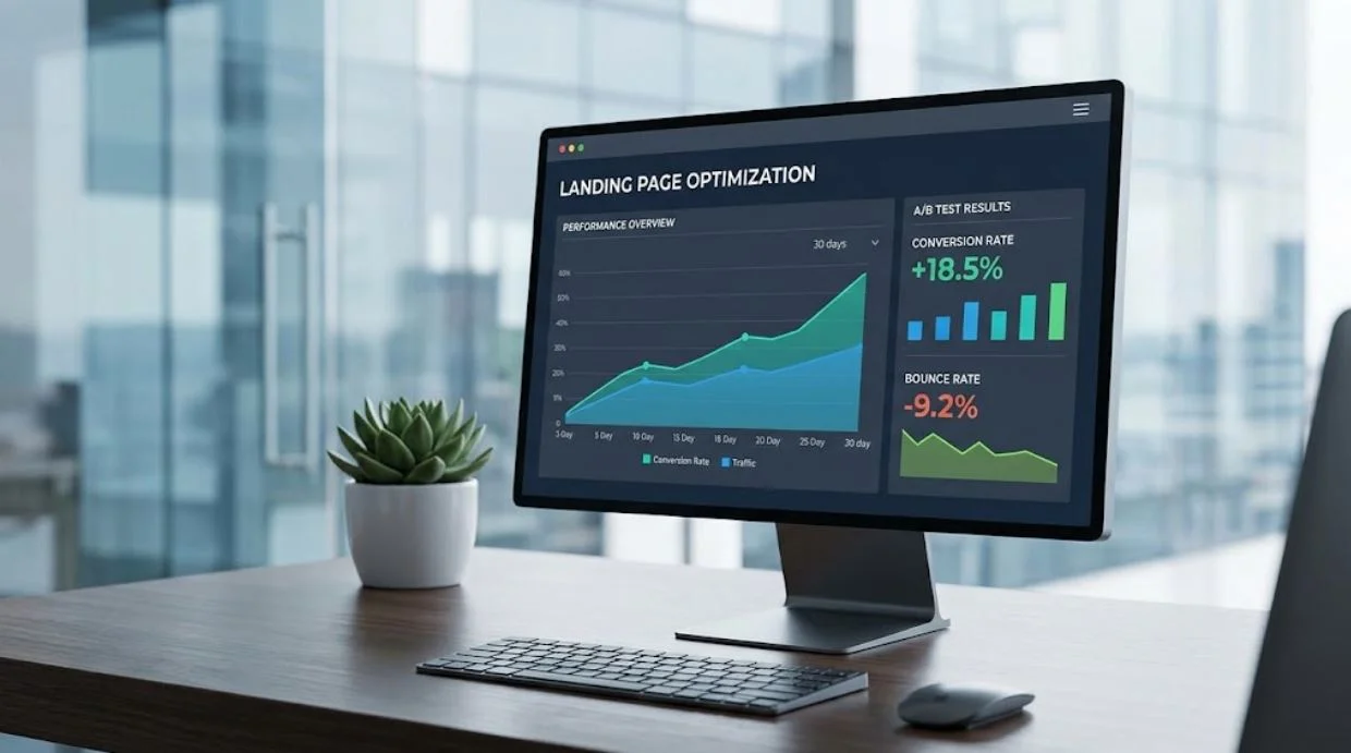 Alt Text: Desktop screen displaying landing page optimization data and conversion rate analytics.