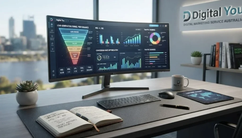 Digital marketing strategy dashboard for lead generation.
