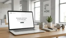 Minimalist web design layout displayed on a laptop screen in a clean, modern workspace.