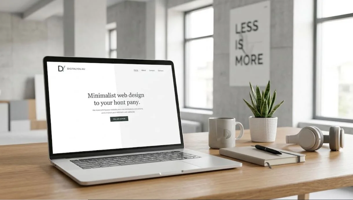 Minimalist web design layout displayed on a laptop screen in a clean, modern workspace.