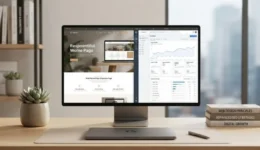 SEO and web design integration concept displayed on a modern desktop computer setup with analytical charts and wireframes.