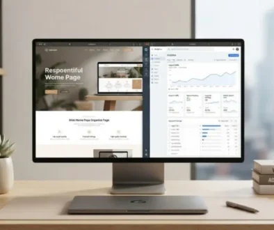 SEO and web design integration concept displayed on a modern desktop computer setup with analytical charts and wireframes.