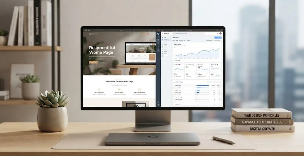 SEO and web design integration concept displayed on a modern desktop computer setup with analytical charts and wireframes.
