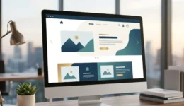 Modern desktop monitor displaying a clean, responsive website layout with high-contrast UI elements on a wooden office desk.