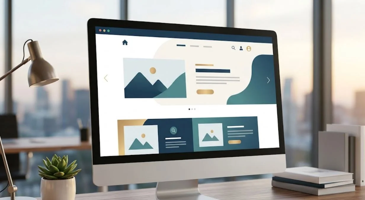 Modern desktop monitor displaying a clean, responsive website layout with high-contrast UI elements on a wooden office desk.