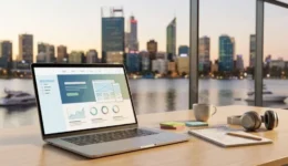 the essence of modern website redesign in Perth through a clean desk setup featuring a laptop with a design wireframe in the foreground and the Perth city skyline in the background, without any humans or text.