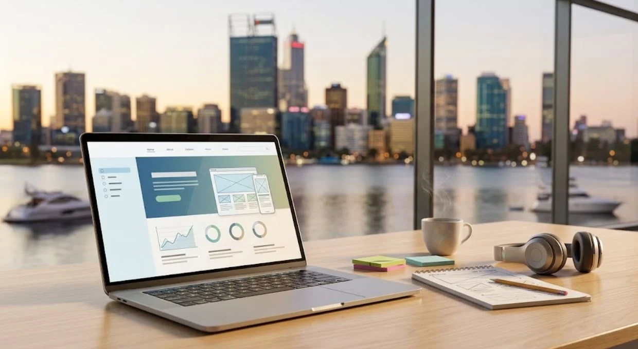 the essence of modern website redesign in Perth through a clean desk setup featuring a laptop with a design wireframe in the foreground and the Perth city skyline in the background, without any humans or text.