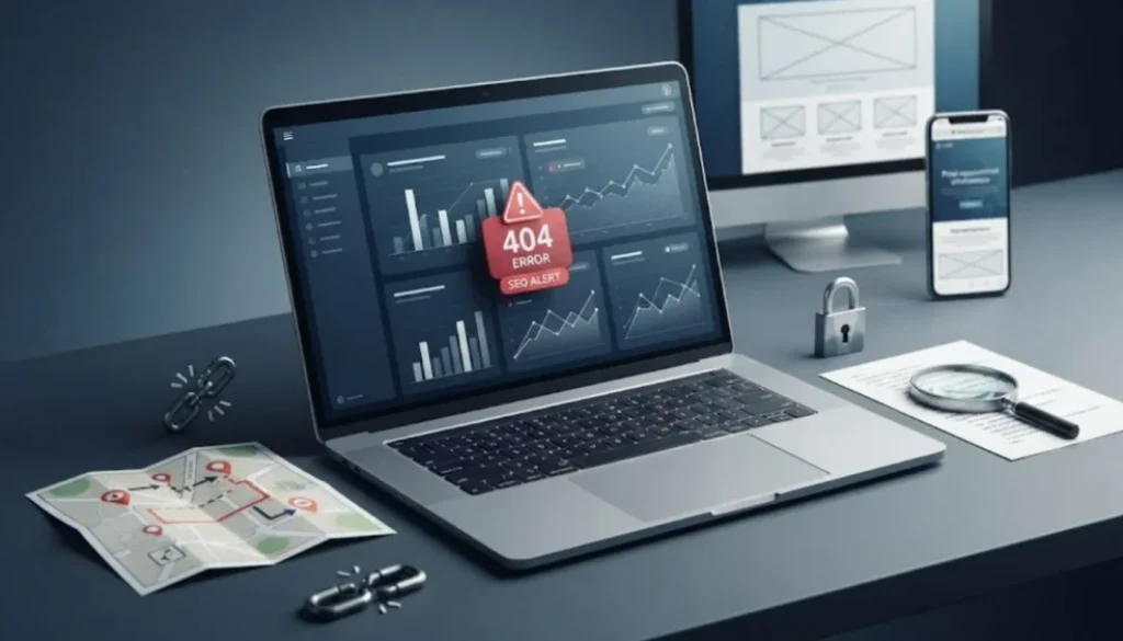 A professional workspace displaying analytical charts and error warnings during an audit of post-launch website mistakes.