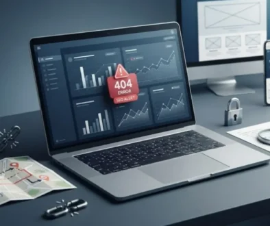 A professional workspace displaying analytical charts and error warnings during an audit of post-launch website mistakes.