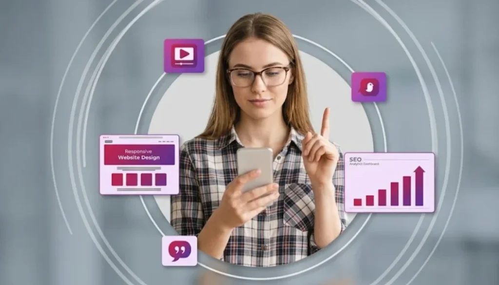 affordable seo company in perth,''A thoughtful Australian woman with glasses holds her smartphone, pointing up at floating icons that represent modern digital marketing services like responsive web design and SEO analytics.