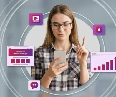 affordable seo company in perth,''A thoughtful Australian woman with glasses holds her smartphone, pointing up at floating icons that represent modern digital marketing services like responsive web design and SEO analytics.