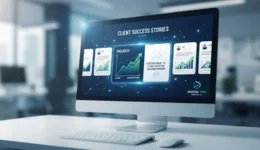 Clean professional digital display of client testimonials and success metrics on a monitor for a fitness business.Client testimonials display