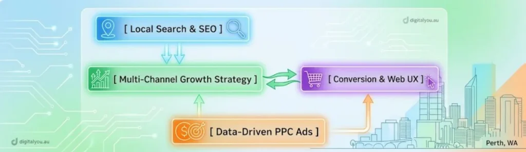 Infographic illustrating an integrated Perth digital marketing strategy connecting Local Search SEO, PPC ads, and Conversion Web UX.