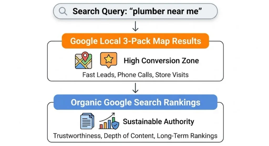 Infographic illustrating the local search funnel for Perth businesses, showing the journey from a search query like "plumber near me" to Google Local 3-Pack Map Results for high conversions and Organic Google Search Rankings for long-term authority.