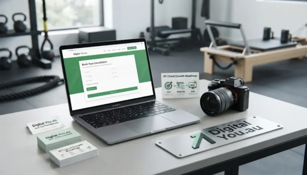 Marketing mistakes costing PT clients shown on a modern laptop screen in a fitness gym setting
