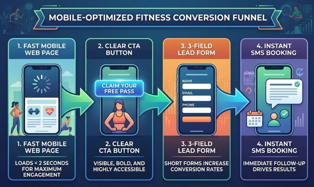 Infographic showing a 4-step mobile-optimized fitness conversion funnel: Fast Mobile Web Page (<2s load), Clear CTA Button, 3-Field Lead Form, and Instant SMS Booking.