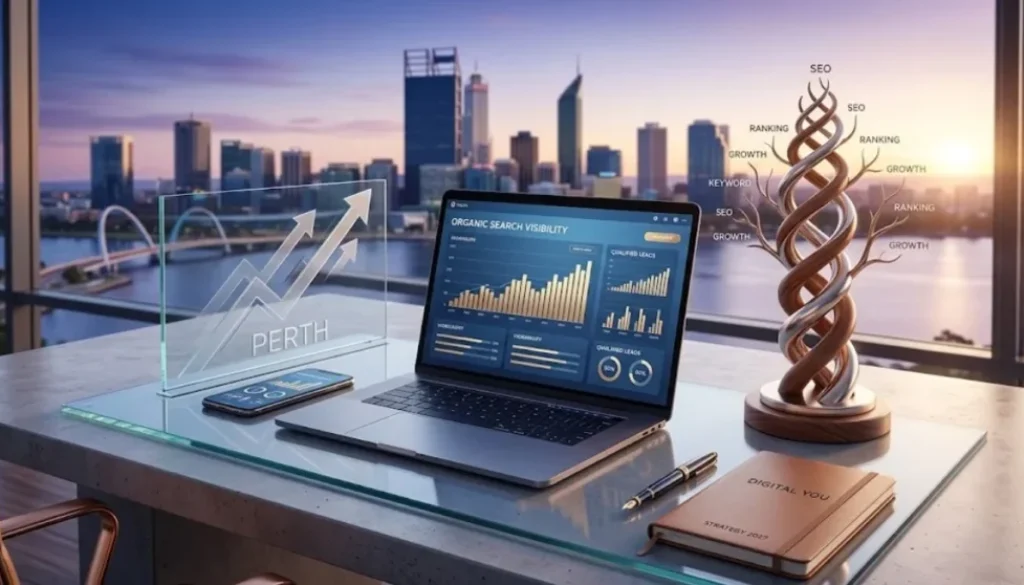 search engine optimization perth. professional scene showing organic search visibility growth with perth skyline at sunrise