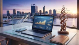 search engine optimization perth. professional scene showing organic search visibility growth with perth skyline at sunrise