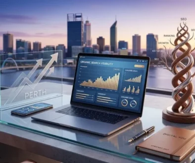 search engine optimization perth. professional scene showing organic search visibility growth with perth skyline at sunrise