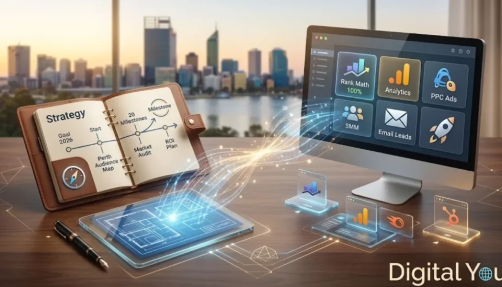 A professional visual concept showing strategy vs tools in digital marketing, with an open strategic roadmap and digital dashboards on a desk overlooking Perth.