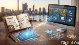 A professional visual concept showing strategy vs tools in digital marketing, with an open strategic roadmap and digital dashboards on a desk overlooking Perth.