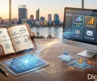 A professional visual concept showing strategy vs tools in digital marketing, with an open strategic roadmap and digital dashboards on a desk overlooking Perth.