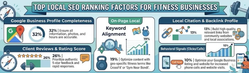 Infographic showing top local SEO ranking factors for fitness businesses: Google Business Profile (32%), Client Reviews (26%), On-Page Local Keywords (19%), Local Citations & Backlinks (13%), and Behavioral Signals (10%).