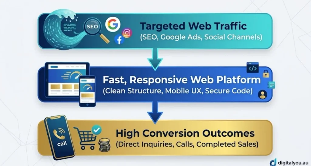 Infographic showing the digital marketing funnel from targeted web traffic through a fast web platform to high conversion outcomes.